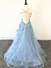 Scoop Neck Light Blue Backless Lace Semi Formal Prom Dresses, Scoop Neck Blue Lace Formal Evening Dresses