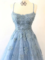 Scoop Neck Light Blue Backless Lace Semi Formal Prom Dresses, Scoop Neck Blue Lace Formal Evening Dresses