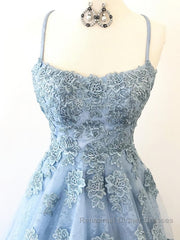 Scoop Neck Light Blue Backless Lace Semi Formal Prom Dresses, Scoop Neck Blue Lace Formal Evening Dresses