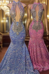 Sequin Mermaid Pink High Neck Crystals Semi Formal Prom Dress