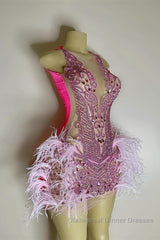 Sequined Mermaid Jewel Jersey Beading Sleeveless Mini Rhinestone Party Dresses With Feather