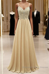 Sequined Spaghetti Straps Chiffon Long Semi Formal Prom Dresses