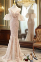 Sequins And Tulle Mermaid Long Party Dress Semi Formal Prom Dress, Off Shoulder Formal Dresses