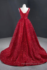 Sequins Asymmetrical Red Evening Dresses Sleeveless Deep-V Semi Formal Prom Formal Dress