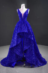 Sequins Asymmetrical Red Evening Dresses Sleeveless Deep-V Semi Formal Prom Formal Dress