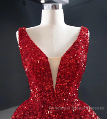 Sequins Asymmetrical Red Evening Dresses Sleeveless Deep-V Semi Formal Prom Formal Dress