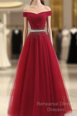 Sequins Burgundy Long Off The Shoulder Semi Formal Prom Dress