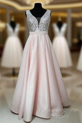 Sequins V-Neck Floor Length Satin Semi Formal Prom Dresses