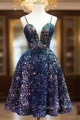 Sequins V-Neckline Short Straps Homecoming Dress, Short Sequins Semi Formal Prom Dress