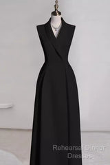 Sexy A Line Black Satin Party Dresses Long Semi Formal Prom Dresses
