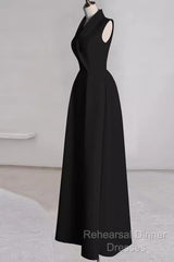 Sexy A Line Black Satin Party Dresses Long Semi Formal Prom Dresses