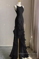 Sexy A Line Long Senior Chiffon Black Semi Formal Prom Dress Formal Dress