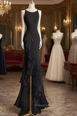 Sexy A Line Long Senior Chiffon Black Semi Formal Prom Dress Formal Dress