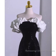 Sexy A Line Off The Shoulder Long Black Sequin Semi Formal Prom Dress