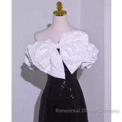Sexy A Line Off The Shoulder Long Black Sequin Semi Formal Prom Dress