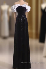 Sexy A Line Off The Shoulder Long Black Sequin Semi Formal Prom Dress
