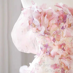 Sexy A Line Off The Shoulder Pink Tulle Floor Length Floral Semi Formal Prom Dresses