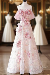 Sexy A Line Off The Shoulder Pink Tulle Floor Length Floral Semi Formal Prom Dresses