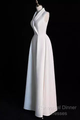 Sexy A Line Satin Party Dresses Long White Semi Formal Prom Dresses