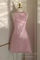 Sexy A Line Scoop Pink Sequin Travel Vacation Dress Short Birthday Dress