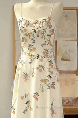 Sexy A Line Spaghetti Straps Ivory Floral Satin Semi Formal Prom Dresses Birthday Outfits Evening Gown