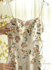 Sexy A Line Spaghetti Straps Ivory Floral Satin Semi Formal Prom Dresses Birthday Outfits Evening Gown