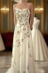 Sexy A Line Spaghetti Straps Ivory Floral Satin Semi Formal Prom Dresses Birthday Outfits Evening Gown