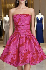 Sexy A Line Strapless Satin Pink Floral Vacation Dresses Short Birthday Dress