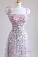 Sexy A Line Straps Lilac Sequin Semi Formal Prom Dress