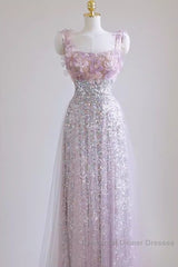 Sexy A Line Straps Lilac Sequin Semi Formal Prom Dress