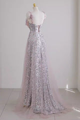 Sexy A Line Straps Lilac Sequin Semi Formal Prom Dress