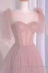 Sexy A Line Straps Neckline Long Pink Semi Formal Prom Dress