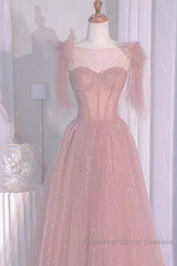 Sexy A Line Straps Neckline Long Pink Semi Formal Prom Dress