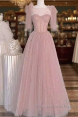 Sexy A Line Straps Neckline Long Pink Semi Formal Prom Dress