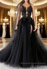Sexy Backless Appliques Black Lace Long Semi Formal Prom Dresses, Black Lace Formal Dresses, Black Evening Dresses