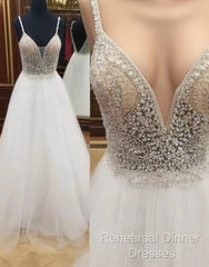 Sexy Backless V Neck White Beaded A-Line Long Evening Semi Formal Prom Dresses