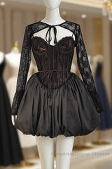 Sexy Ball Gown Spaghetti Straps Black Lace Travel Vacation Dresses Short Satin Birthday Dress