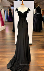 Sexy Black Mermaid Gown V Neck Chiffon Lace Semi Formal Prom Dress Evening Dress