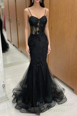 Sexy Black Mermaid Lace Long Semi Formal Prom Dress Evening Dress