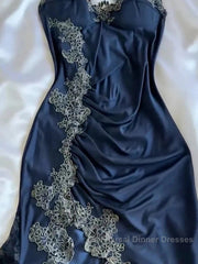 Sexy Bodycon Mermaid Straps Long Navy Blue Lace Semi Formal Prom Dress Party Dresses