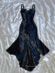 Sexy Bodycon Mermaid Straps Long Navy Blue Lace Semi Formal Prom Dress Party Dresses