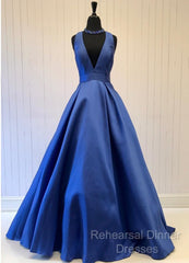 Sexy Deep V-Neck Long Satin Bow Back Evening Dresses Floor Length Semi Formal Prom Gowns