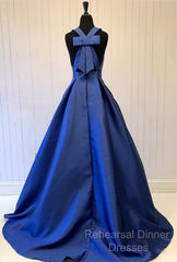 Sexy Deep V-Neck Long Satin Bow Back Evening Dresses Floor Length Semi Formal Prom Gowns