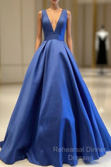 Sexy Deep V-Neck Long Satin Bow Back Evening Dresses Floor Length Semi Formal Prom Gowns