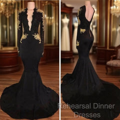 Sexy Deep V-Neck Long Sleeves Black Gold Semi Formal Prom Dresses