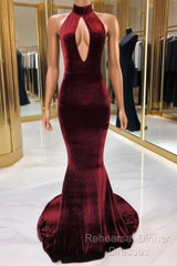 Sexy Halter Burgundy Winter Wedding Guest Dresses Velvet Semi Formal Prom Dresses Sleeveless
