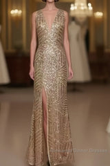 Sexy Leg Split Open Back Mermaid Sequins Semi Formal Prom Dresses