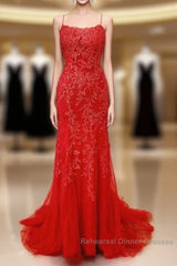 Sexy Long Lace Red Semi Formal Prom Dresses Open Back