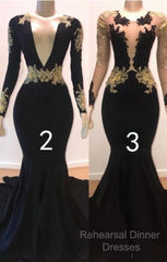 Sexy Long Sleeve Black Gold Semi Formal Prom Dresses  V Neck Appliques Formal Dress