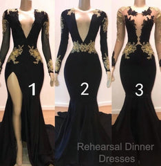 Sexy Long Sleeve Black Gold Semi Formal Prom Dresses  V Neck Appliques Formal Dress